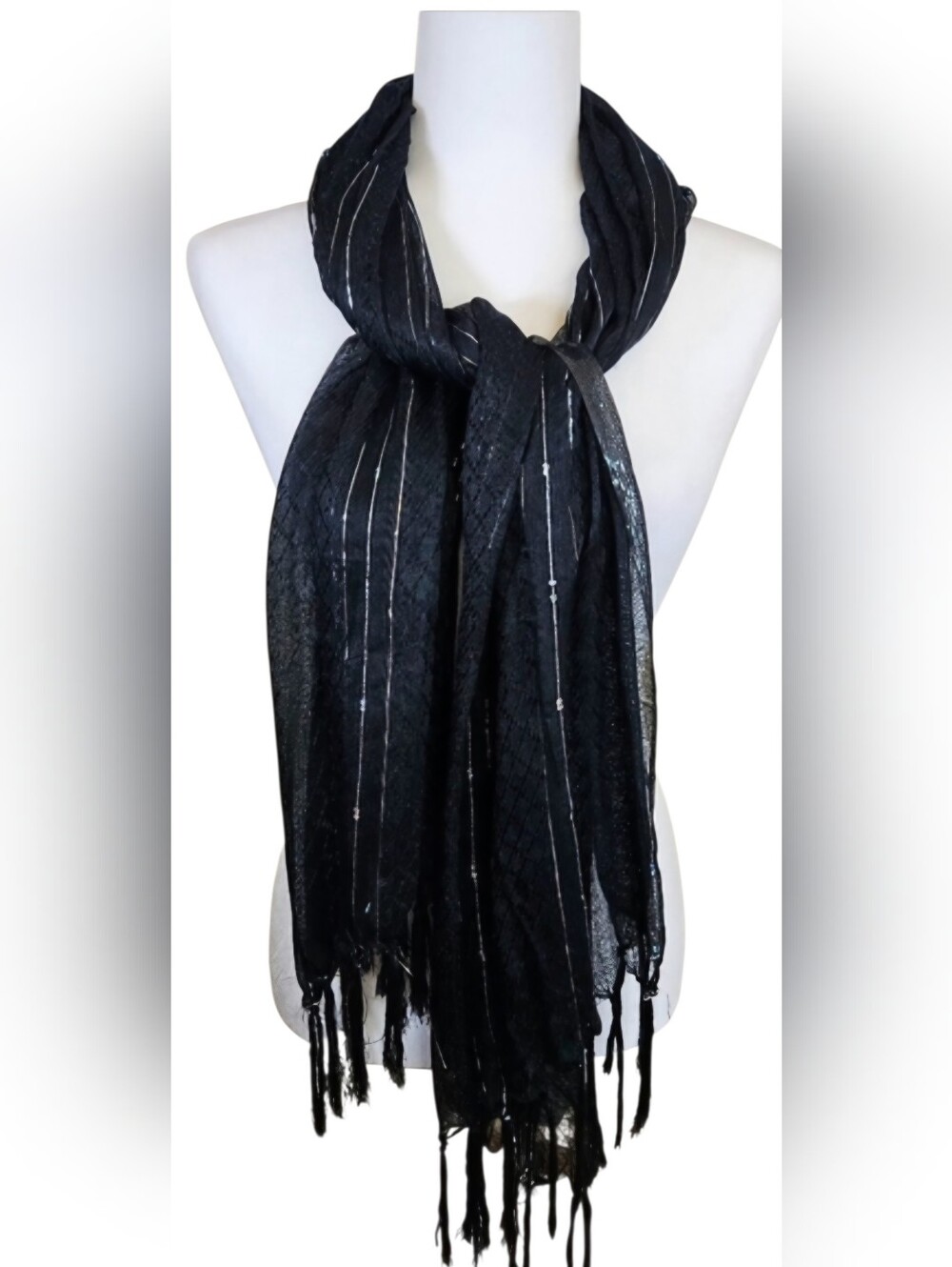 NWT Shimmery Elegant Blk & Silver Rayon Striped Sheer Scarf With Sequins & Fring